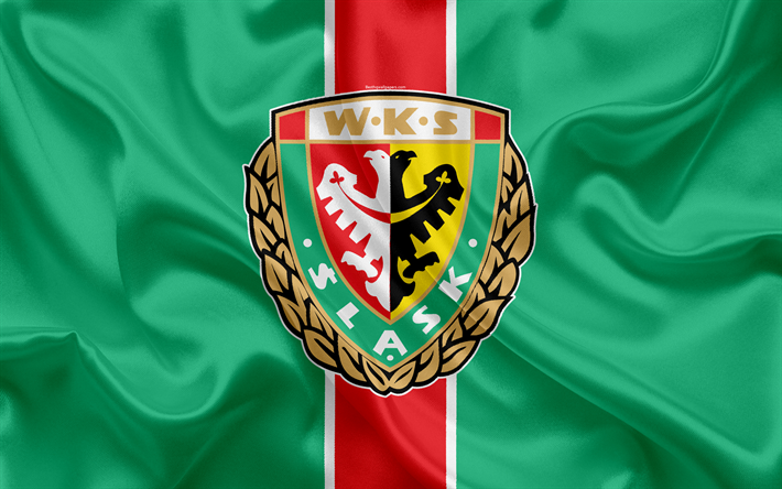 Slask Wroclaw FC, 4k, Polish football club, Slask logo, emblem, Ekstraklasa, Polish football championship, silk flag, Wroclaw, Poland