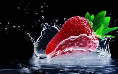 strawberry, water, splash, close-up, berries