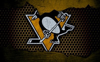 Pittsburgh Penguins, 4k, logo, NHL, hockey, Eastern Conference, USA, grunge, metal texture, Metropolitan Division