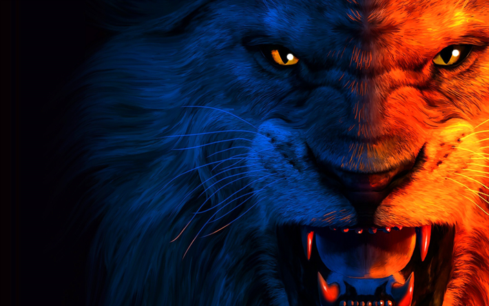 lion, art, muzzle, anger, predators