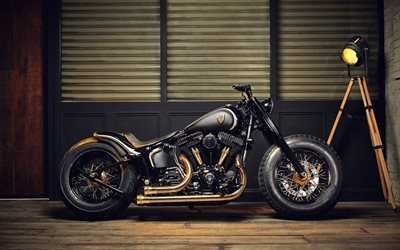 empinadas de la moto chopper, una motocicleta de color negro, de oro de los tubos de escape de motos, tuning, motos &#250;nicas