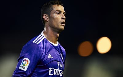 4k, Cristiano Ronaldo, CR7, Real Madrid, La Liga, football stars, violet uniform, football, Galacticos, soccer
