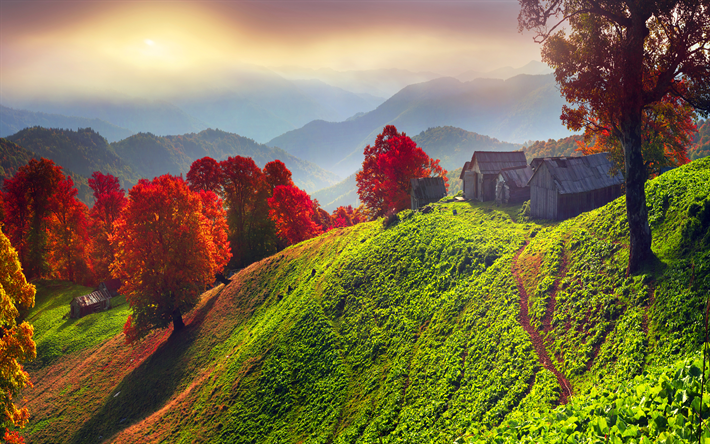 Carpathians, 4k, mountains, autumn, hut, sunset, Ukraine, Europe
