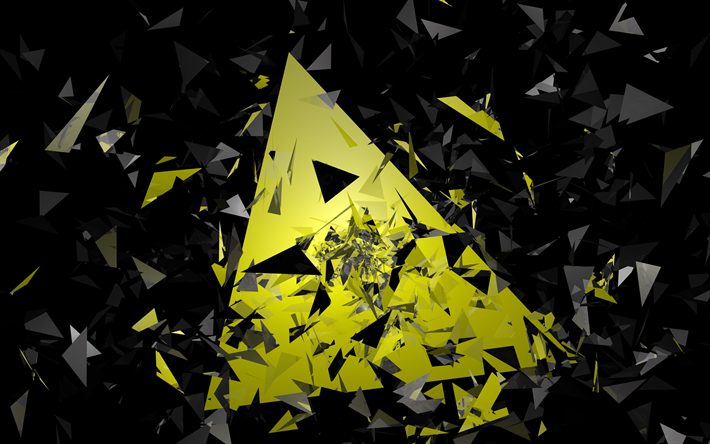 4k, pyramiderna, svart och gul, trianglar, material och design, geometriska former, kreativa, remsor, geometri, kreativ bakgrund