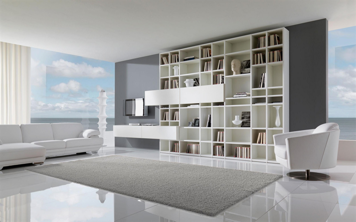 soggiorno, elegante e moderno design d&#39;interni, minimalismo, hi-tech, interni moderni