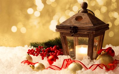 Download wallpapers Christmas, wooden lantern, golden Christmas balls ...