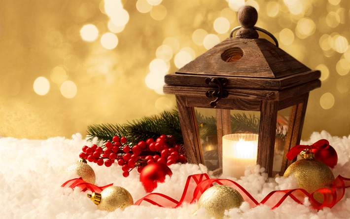 Noel, ahşap fener, altın Noel topları, Yeni Yıl, kar, kavramlar, dekorasyon