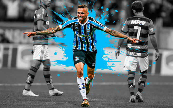 luan vieira, 4k, kunst, gremio fc, vorw&#228;rts, brasilianischen fu&#223;ball-spieler, blauen farbspritzern, grunge, serie a, brasilien, fu&#223;ball, luan guilherme de jesus vieira