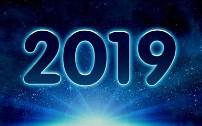 4k, 2019 year, blue rays, creative, space, 2019 concepts, Happy New Year 2019, blue background