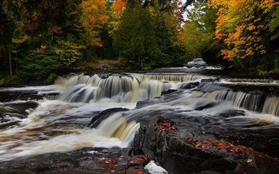 Bond Falls, Ontonagon River, autumn landscape, river, waterfalls, autumn, yellow trees, Upper Peninsula of Michigan, USA