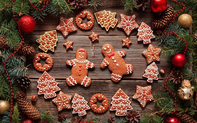 Merry Christmas, cookie, Happy New year, wooden background, xmas decoration, winter, Christmas