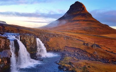Kirkjufell Mount, 4k, autumn, waterfalls, Icelandic landmarks, mountains, Kirkjufell, Iceland, Europe