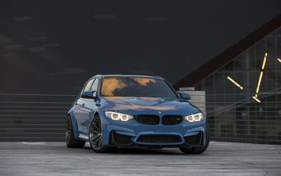 BMW M3, 2018, F80, blue sedan, black wheels, front view, new blue M3, BMW