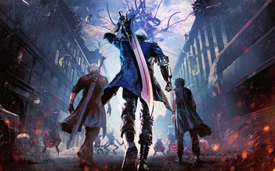 Devil May Cry 5, demons, art, anime characters, Dante, Nero