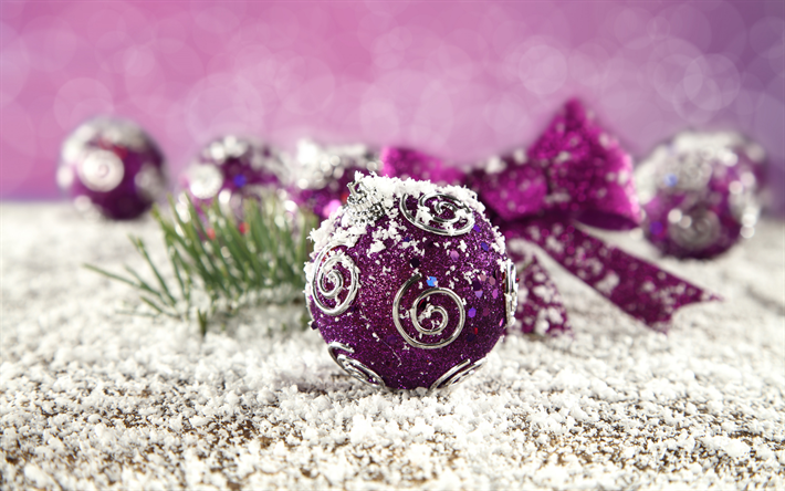 Xmas decoration, purple balls, Happy New year, bokeh, Christmas decoration, Christmas, Merry Christmas