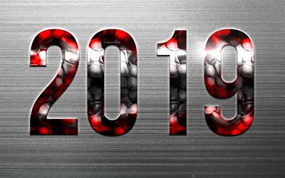 2019 year, creative digits, glass digits, 2019 concepts, New Year, silver metal background, 2019, Happy New Year