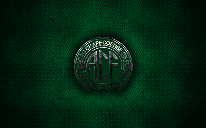 Chapecoense SC, 4k, logo de metal, arte creativo, brasile&#241;o, club de f&#250;tbol de la Serie a, con el emblema de metal verde de fondo, Chapeco, Santa Catarina, Brasil, el f&#250;tbol, el Chapecoense