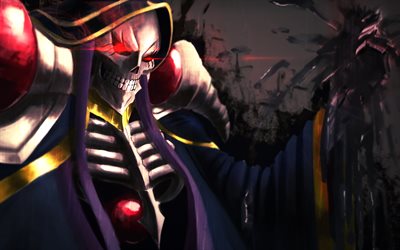 Ainz Ooal Gown, red eyes, Momonga, artwork, protagonist, darkness, manga, Overlord