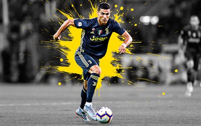 CR7, Cristiano Ronaldo, 4k, Juventus FC, black and yellow uniform, Portuguese football player, yellow splashes of paint, grunge art, striker, Serie A, Italy, football
