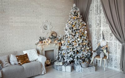 Christmas tree, interior, New Year, gifts, fireplace, Christmas, scenery