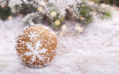 Christmas golden balls, New Year, snow, tree, decoration, background, Happy New Year