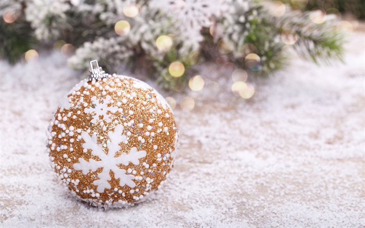 Joulu kultainen pallot, Uusi Vuosi, lumi, puu, sisustus, tausta, Hyv&#228;&#228; Uutta Vuotta