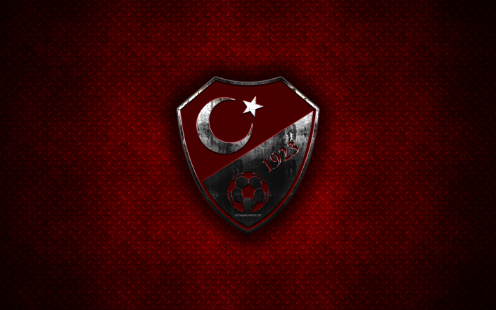 Turkey national football team, 4k, metal logo, creative art, metal emblem, red metal background, Turkey, football