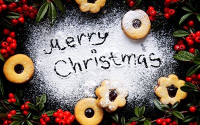 Merry Christmas, snow, Happy New year, cookie, xmas decoration, berries, Christmas