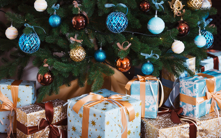 Los regalos de navidad, A&#241;o Nuevo, &#225;rbol, cajas de regalos, bolas de Navidad, decoraciones