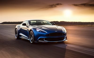 Aston Martin Vanquish S, 2018, voiture de sport, bleu Aston Martin, la vitesse, le coucher de soleil