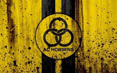 4k, FC Horsens, grunge, soccer, Danish Superliga, football club, Denmark, Horsens, creative, logo, stone texture, Horsens FC