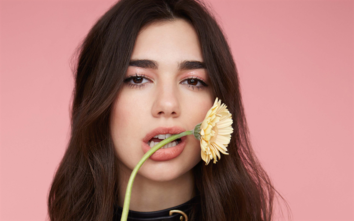 Dua Lipa, 4k, portrait, British singer, yellow flower, make-up, photo shoot