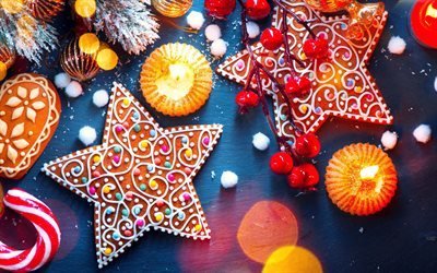 Natale, decorazioni, Nuovo Anno, le stelle, i cookie, le candele, la neve artificiale
