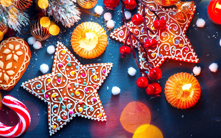 Natal, decora&#231;&#245;es, Ano Novo, estrela de cookies, velas, neve artificial