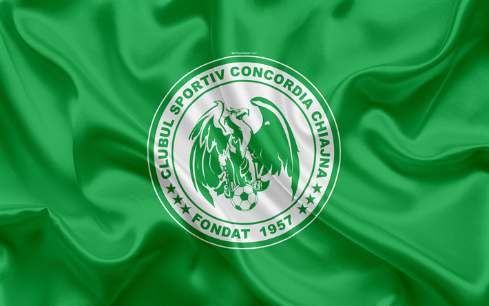 Concordia Chiajna FC, 4k, Romanian football club, logo, silk flag, Romanian Liga 1, Chiajna, Ilfov County, Romania, football