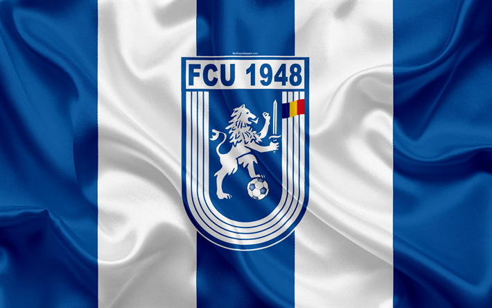 CS Universitatea Craiova FC, 4k, Rum&#228;nska football club, Universitatea logotyp, silk flag, Rum&#228;nska Liga 1, Craiova, Rum&#228;nien, fotboll