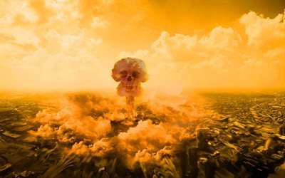 nuclear explosion, art, smoke pillar, skull, creative
