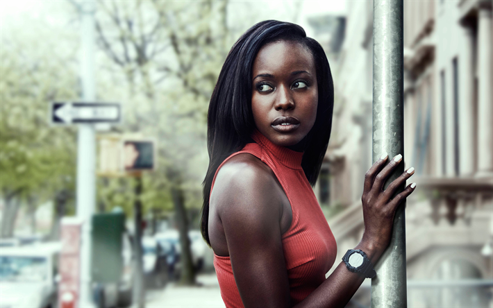 Anna Diop, 4k, portrait, Senegalese actress, Hollywood, red dress, American actress