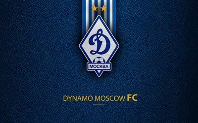 FC Dynamo Moscow, FC, 4k, logo, Russian football club, leather texture, Dynamo, Russian Premier League, football, Moscow, Russia