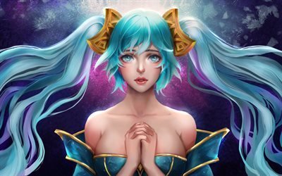 Sona, characters, blue hair, art, League Of Legends