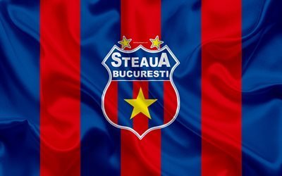 FC Steaua Bucharest, FCSB, 4k, Romanian football club, Steaua logo, silk flag, Romanian Liga 1, Bucharest, Romania, football