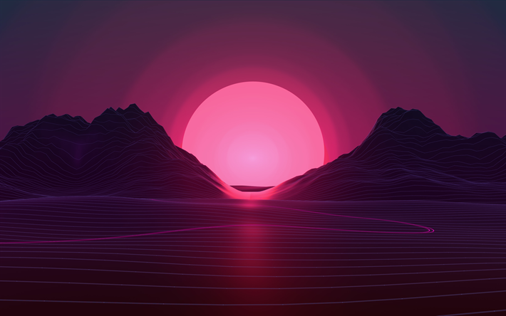 Download wallpapers sunset, 4k, pink sun, abstract landscape, neon