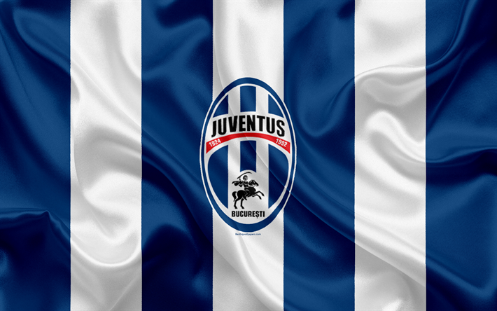 Juventus FC Bucuresti, 4k, Rum&#228;nska football club, logotyp, silk flag, Rum&#228;nska Liga 1, Bukarest, Rum&#228;nien, fotboll