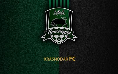 FC Krasnodar, 4k, logo, Russian football club, leather texture, Russian Premier League, football, Krasnodar, Russia