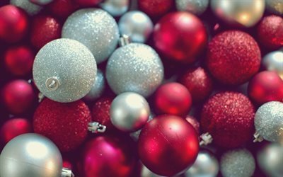Kırmızı Noel topları, dekorasyon, 2018, Yeni Yıl, Noel