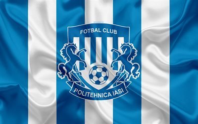 FC Politehnica Iasi, 4k, Romanian football club, logo, silk flag, Romanian Liga 1, Iasi, Romania, football