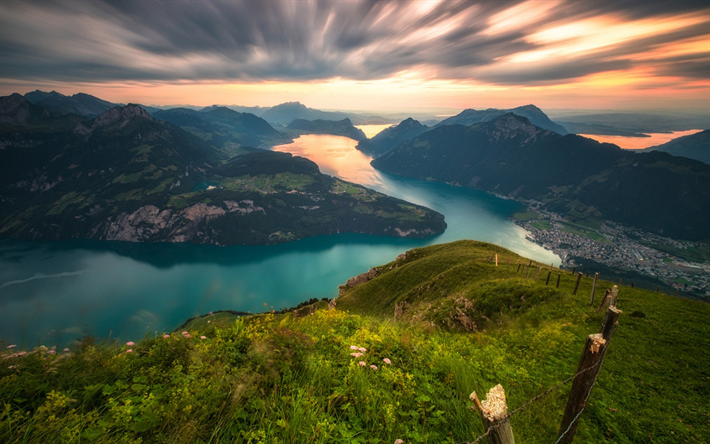 Download Wallpapers Lake Lucerne Mountains Sunset Alps Switzerland