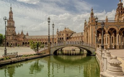 Plaza of Spain, Seville, bridge, city ensemble, sightseeing, Spain, Neo-Renaissance, Neo-Mauritanian style, cityscape