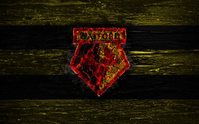 Watford, fire logo, Premier League, yellow and black lines, english football club, grunge, football, soccer, logo, wooden texture, England