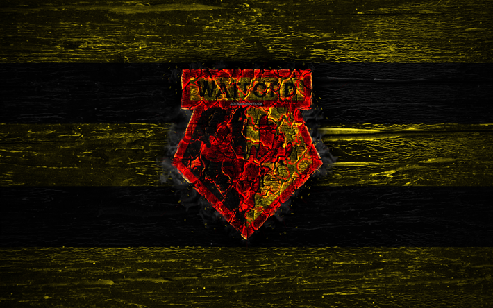 Watford, fogo logotipo, Premier League, linhas pretas e amarelas, clube de futebol ingl&#234;s, grunge, futebol, logo, textura de madeira, Inglaterra